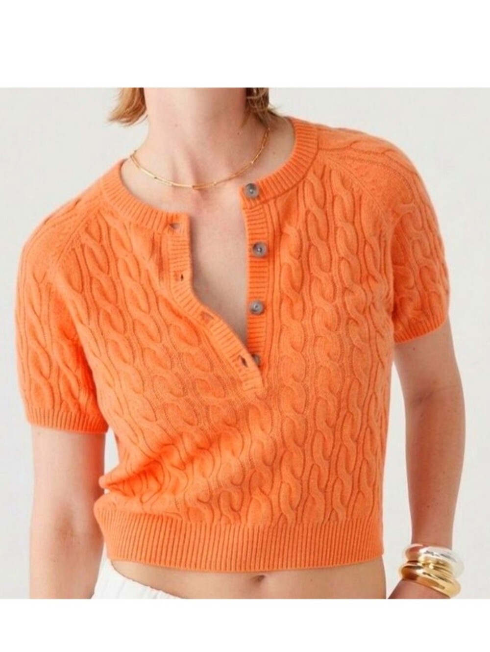New J. Crew 100 Cashmere cable-knit henley T-shirt Sweater Short Sleeve Orange S